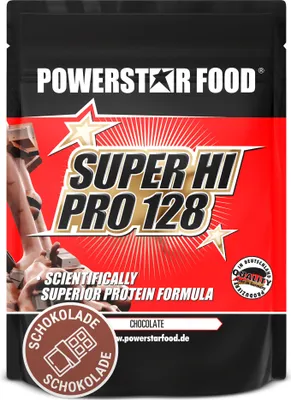 A black pouch of protein powder with red and gold branding.
