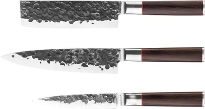 Produktbild von Messerset Forged Sebra, Japanischer 440C Stahl, Dalbergia Holzgriff, 3-teilig, Kochmesser 20.5cm, Hackmesser 17.5cm, Universalmesser 12.5cm