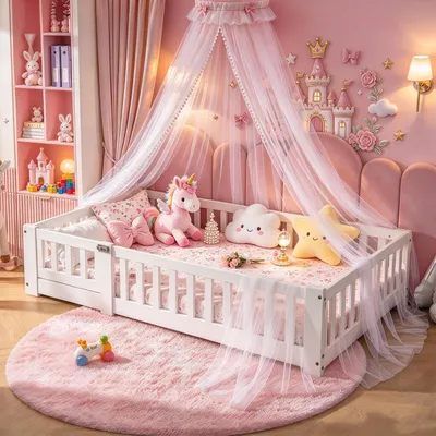 Produktbild von INONEFT Kinderbett 80x160cm,Montessori-Bett ,Bodenbett,Holzbett mit Rausfallschutz und Tür & Lattenrost & Absturzsicherung,Spielbett,Einzelbett,weiß
