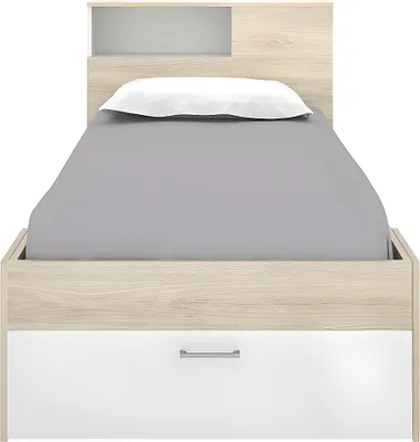 Produktbild von Bett mit Kopfteil, Stauraum & Schublade - 90 x 190 cm - Weiß & Naturfarben - LEANDRE