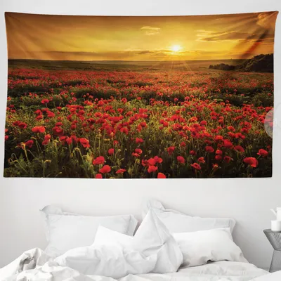 Produktbild von ABAKUHAUS Mohn Wandteppich, Sunset Meadow Ackerland aus Weiches Mikrofaser Stoff Waschbar ohne Verblassen Digitaldruck, 230 x 140 cm, Ringelblume Scharlachrot