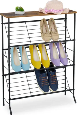 Zdjęcie produktu dla Relaxdays Regał na buty Industrial, 9 par butów, wymiary: 89,5 x 70 x 23,5 cm, metalowy regał na buty, pochyłe półki, czarny/brązowy