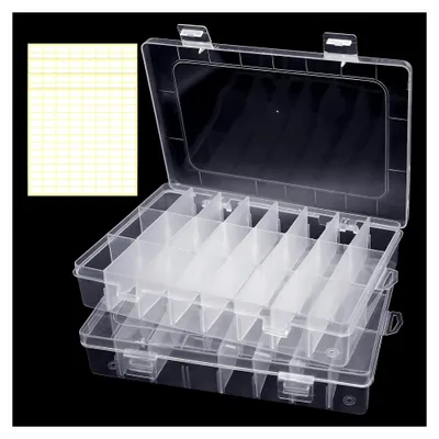 Produktbild von 2 Stück Sortierboxen mit 24 Fächern für Kleinteile, Kunststoff, transparent, mit verstellbaren Trennwänden und 4 Aufklebern