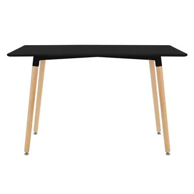 A black rectangular dining table with light wood legs, presented against a white background.