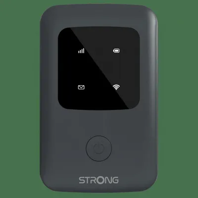 A gray mobile hotspot device with a screen displaying icons and a power button.