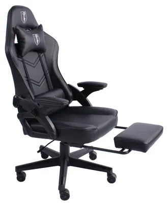 Produktbild von Gaming Stuhl im modernen Racing-Design mit ausziehbarer Fußstütze Gaming Chair mit verstellbaren Design Armlehnen ergonomischer Schreibtischstuhl mit extra Stützkissen,Farbe:Schwarz