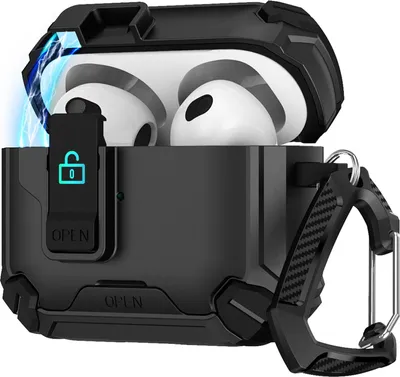 Produktbild von Hülle für Apple AirPods 4 Defender Schutzhülle mit Karabiner 360° Schutzbox Kopfhörer stoßfestes Full Body Cover Schwarz