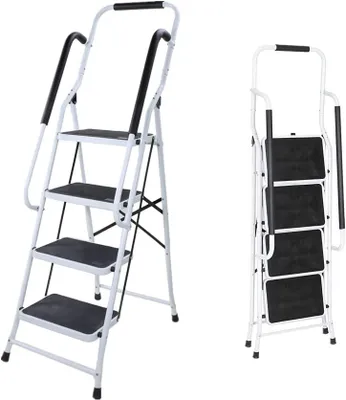 Produktbild von 4-stufige Klappleiter mit Handlauf, rutschfesten Stufen, robuste Stahlleiter, Haushaltsleiter, max. Belastung 150 kg