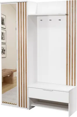 Produktbild von Garderobe Milo mit Lamellen Dielen-Set mit Spiegel Flur Schrank Weiß/Wotan Eiche