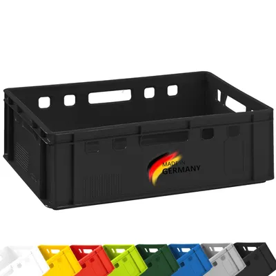 A black plastic crate with a German flag logo and text indicating it is made in Germany, shown against a white background. Below the crate, a row of colorful crates is visible.