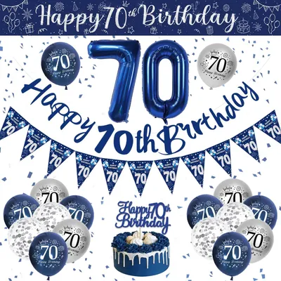 Image de Kit de décoration pour anniversaire - Décoration pour fête d'anniversaire (70 ans) avec guirlande "Joyeux anniversaire" et ballons - Bleu argenté - 70 ans.