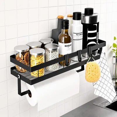 Immagine prodotto di Mensola da parete per cucina con portarotolo e ganci