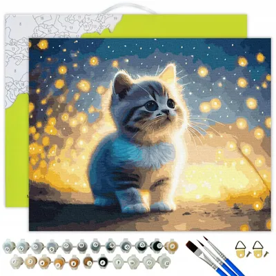 Produktbild von Oh Art! Malen nach Zahlen Erwachsene & Kinder – Katze & Lichter – Komplettset mit Acrylfarben, Pinseln & Holzrahmen – 40x50cm DIY Leinwand