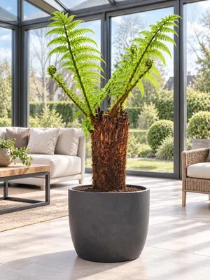 Produktbild von Baumfarn Dicksonia antarctica mit 60 cm Stamm – Australischer Taschenfarn für Kübel, Terrasse und Wintergarten, KI-generiertes Bild