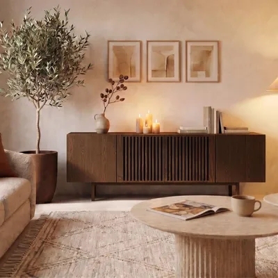 Produktbild von Lowboard LINN, 180 cm aus Massivholz, Nussbaum Finish - TV Lowboard mit Lamellentüren, TV Schrank aus Kiefernholz, Sideboard für Wohnzimmer und Flur, niedrige Kommode mit Stauraum.