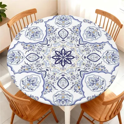 Zdjęcie produktu dla Obrus okrągły, zmywalny, średnica 120 cm, wodoodporny, elastyczny, niebieski, wzór "vintage" (styl retro)