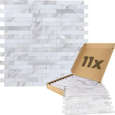 Produktbild von Dalsys Wandpaneele selbstklebend Steinoptik 1m², 11 Stück Weiß Silber Wandverkleidung feuchtigskeitsbeständig,  für Bad und Küche, Quadrat Rechteck Form