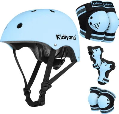 Produktbild von Kidiyana Kinder Schutzset Blau – Fahrradhelm S + Protektoren S für 2–6 Jahre – Knie-, Ellenbogen- & Handgelenkschoner