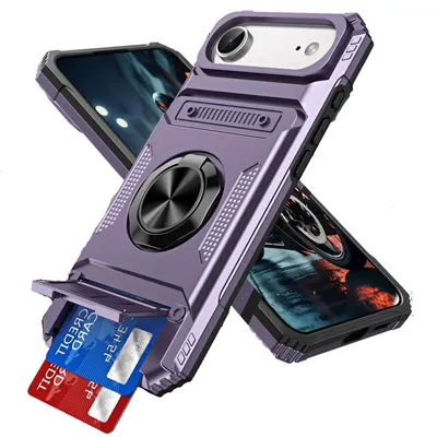 Produktbild von Dual Layer Hülle für iPhone 17 Air mit Kartenhalter, Magnetische Ring Ständer Militärschutz Stoßfeste Handyhülle Lila