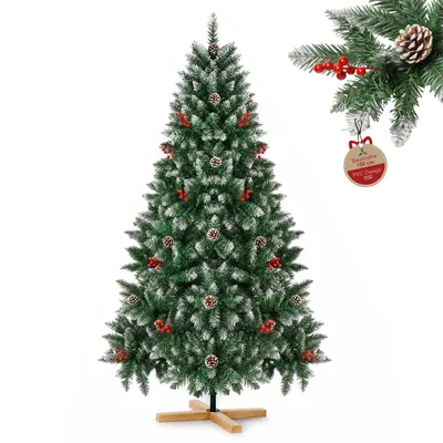 Produktbild von Verdego Künstlicher Weihnachtsbaum 150 cm, Hochwertiges PVC, Kunstbaum Ø 95 cm, Holzständer,24 Tannenzapfen,18 Beerenzweige,Leichter Schnee-Effekt