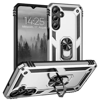 A silver and black rugged phone case with a ring holder, shown from multiple angles, with a smartphone displaying a nature scene and time.