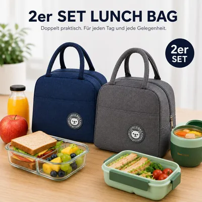 Produktbild von 2er Set Lunchbag Kühltasche Thermotasche für Essen Getränke Schule Büro Blau & Grau A0520