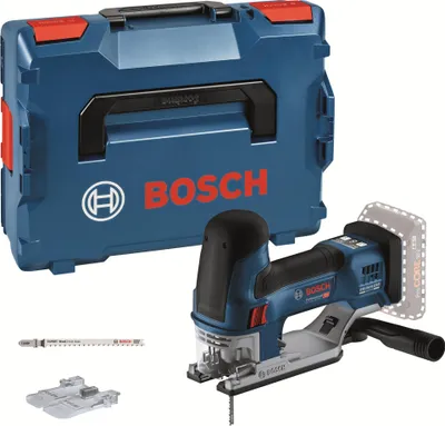 A Bosch cordless jigsaw, its storage case, and accessories are displayed against a white background.