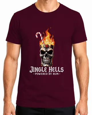 Produktbild von Jingle Hells Powered by Rum Totenkopf Flammen Weihnachten Skull Herren T-Shirt, Burgundy, XXL