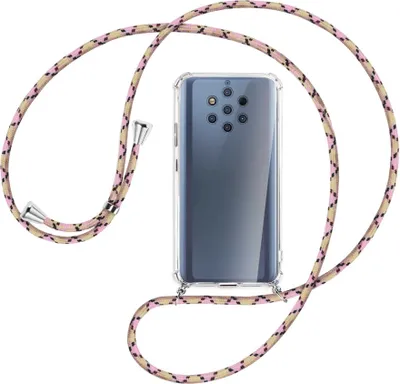 Produktbild von Handykette Backcover-Schutzhülle mit Band (Metall silberfarben) für Nokia 9 PureView - rosa Karo