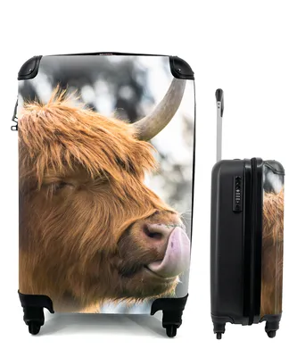Produktbild von MuchoWow® Koffer Handgepäck Trolley Rollkoffer Kleine Reisekoffer mit 4 Rollen - Schottischer Highlander - Nase - Baum - Cabin Size < 55x40x23 cm & 55x40x20 cm - Fotokoffer - Kabinenkoffer - Boardgepäck - Reise-Box - Reisekoffer - Reisegepäck - Koffer mit Bild - Trolley für Kinder