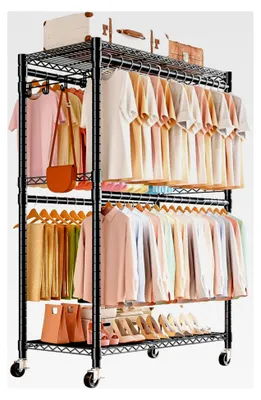 Produktbild von Kleiderständer mit Rollen, Schwerlast-Kleiderständer mit 4 Kleiderstangen und 2 Ablagen, Garderobenständer, Metall-Kleiderstange, verstellbarer offener Kleiderschrank, 114 x 52 x 204 cm