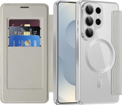 Produktbild von Klapphülle für Samsung Galaxy S26 Ultra Kompatibel mit Magsafe, Klar Überzug Kartenhalter Ledertasche mit Kameraschutz Silber
