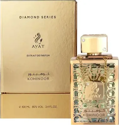A perfume bottle and its packaging are displayed against a white background.