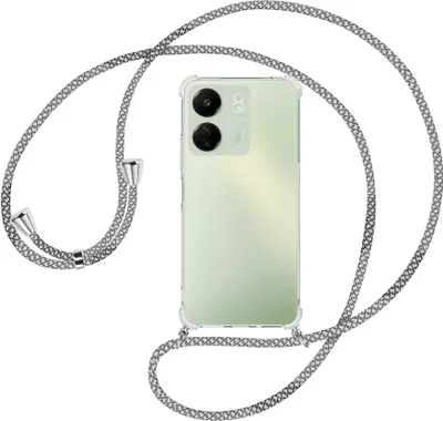 Produktbild von Handykette Backcover-Schutzhülle mit Band (Metall silberfarben) für Xiaomi Redmi 13C (6.71'') - weiß/grau kariert