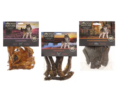 Produktbild von Dehner Wild Nature Hundesnack, Leckerli, Kausnack für ausgewachsene / sensible Hunde, Barf geeignet, 3 Sorten-Mix, 500 g