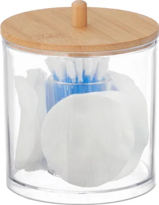 Produktbild von Relaxdays Wattestäbchen-Behälter, Kunststoff, mit Bambusdeckel, Organizer Wattepads und Wattestäbchen, transparent/natur