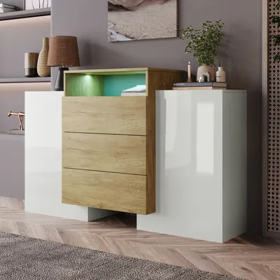 Produktbild von Fortuna-Lai Kommode Sideboard mit LED Beleuchtung, 140cm, Weiß Hochglanz und Holzfarbe. Wohnzimmermöbel Wohnzimmerschrank Standschrank