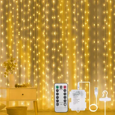 LED-Vorhangbeleuchtung 3x3 m, 300 warmweiße LEDs, Fernbedienung, 8 Modi