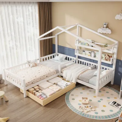 Obrázek produktu pro Dětská postel, model "domeček" s zásuvkami a policemi, rozměry 90x200 cm a 140x70 cm, masivní dřevo, s bočnicí a rošt, tvar "L", barva bílá