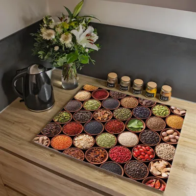 Produktbild von banjado Herdabdeckplatte einteilig 60,x52cm groß mit Gummi Abstandshalter, ESG Sicherheitsglas mit Motiv Zutaten [HAP1 11740]