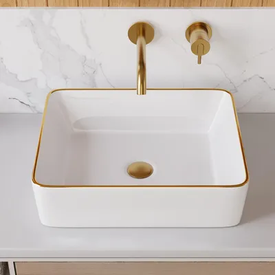 Produktbild von DeerValley Waschbecken Quadratisch Weiß mit Goldrand Keramik Aufsatzwaschbecken Badezimmer Luxus Waschtischbecken für Gäste WC und Bad