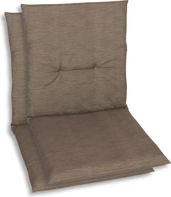 Two brown chair cushions are stacked on top of each other against a white background.