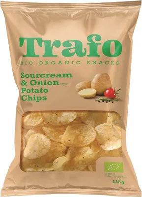 CHIPSY ZIEMNIACZANE O SMAKU ŚMIETANKOWO - CEBULOWYM WEGAŃSKIE BIO 125 g - TRAFO