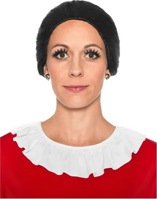 A woman wearing a costume wig and a ruffled collar, against a white background.