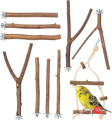 10er-Set natürliche Holz-Sitzstangen für Vogelkäfige, mit Schaukel und Y-Stangen