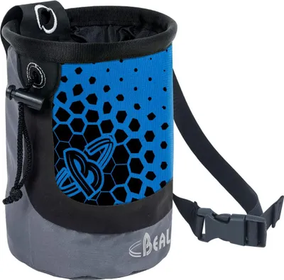Maxi Cocoon Chalkbag von Beal in Blau mit schwarzem Muster; geeignet für Kletterer.