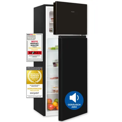 A black refrigerator with its door open, showing shelves and food inside. Several award badges are attached to the left side of the refrigerator.
