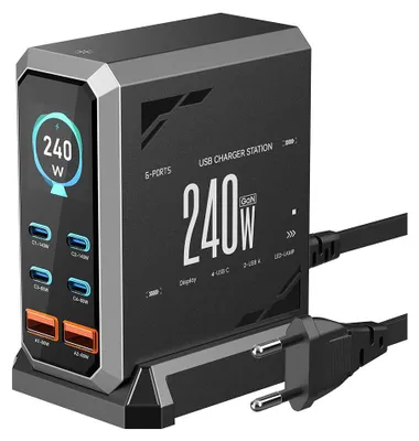 Produktbild von Blitzwolf® BW-S31 240W 6-Port USB PD Ladegerät, 4×USB-C + 2×USB-A, QC/PD Schnellladung, Digitalanzeige, Desktop Station für iPhone, MacBook, Watch