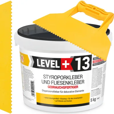 Obrázok produktu pre Súprava lepidla na polystyrén 5 kg Biele dekoračné lepidlo na dlaždice LEVEL+13 a plastová stierka s trojuholníkovým hrotom 5 mm