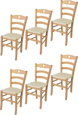 Image de t m c s Tommychairs - Lot de 6 chaises CUORE pour la cuisine et la salle à manger, Structure robuste en bois de hêtre laqué de couleur naturelle et assise rembourrée recouverte de similicuir de couleur ivoire